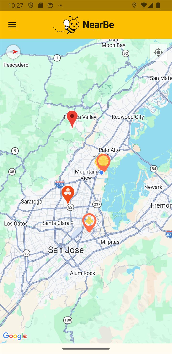 NearBe app showing pinned places on the map